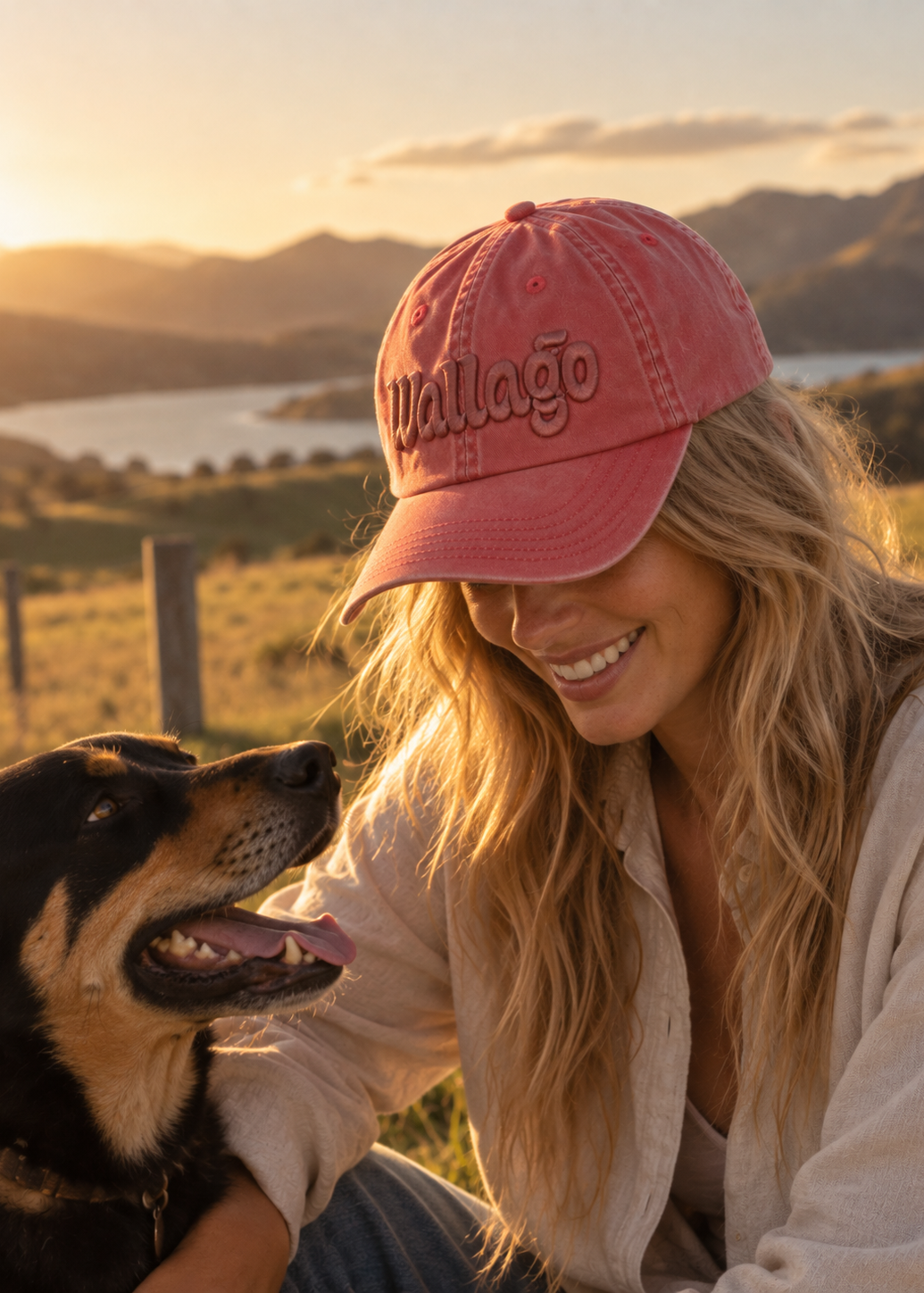 A woman wearing a pink baseball cap with 'Wallago' embroidered on the front, smiling while sitting outdoors with a dog at sunset, with mountains and water in the background.