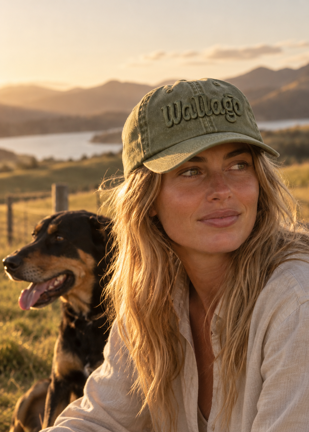 A woman wearing an olive green baseball cap with the word 'Wallago' embroidered on the front, sitting outdoors in a field with a black and tan dog beside her, set against a scenic background of mountains and water at sunset.