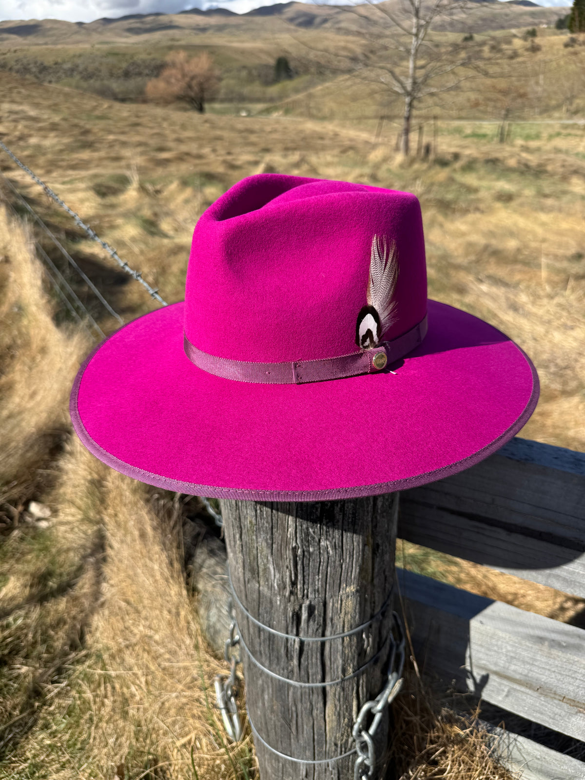 A bright magenta felt wide-brim hat with a matching band and a feather accent, displayed on a wooden fence post in an outdoor rural landscape with dry grass and hills in the background.