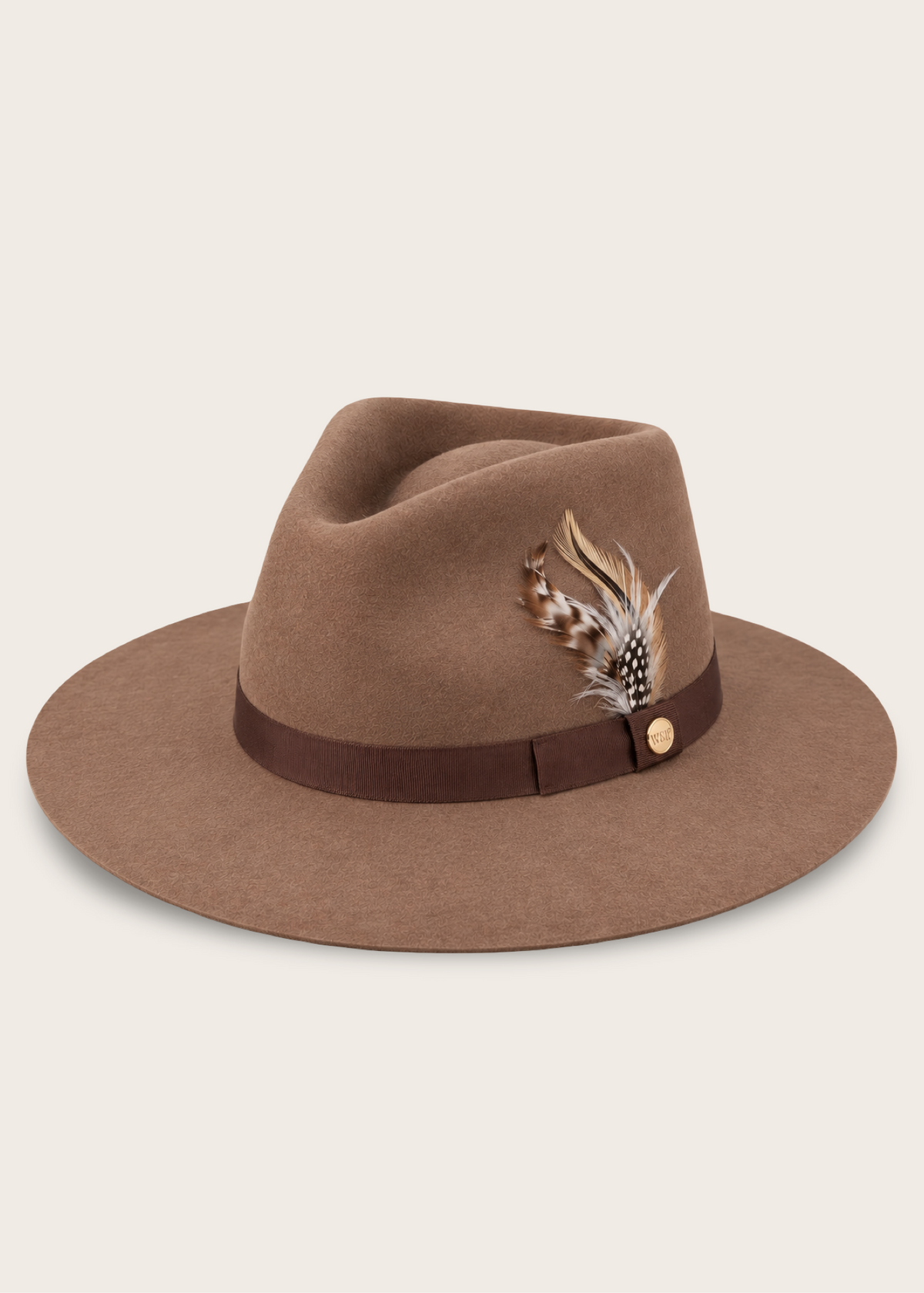 A brown felt fedora hat with a matching brown ribbon band and a decorative feather accent on the side, photographed against a solid off-white background.