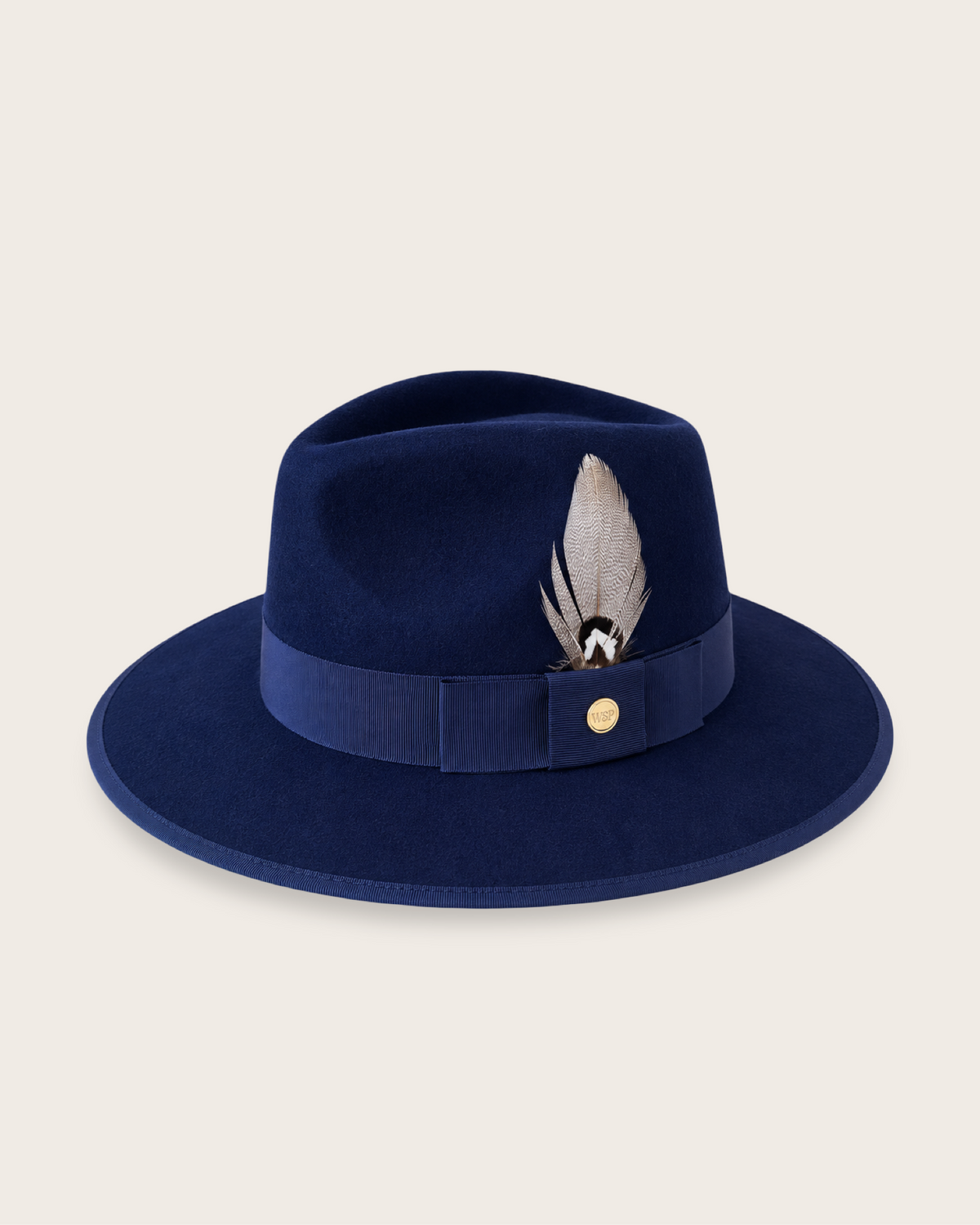 A navy blue felt fedora hat with a matching ribbon band, decorated with a small white feather and a gold button, shown against a light beige background.